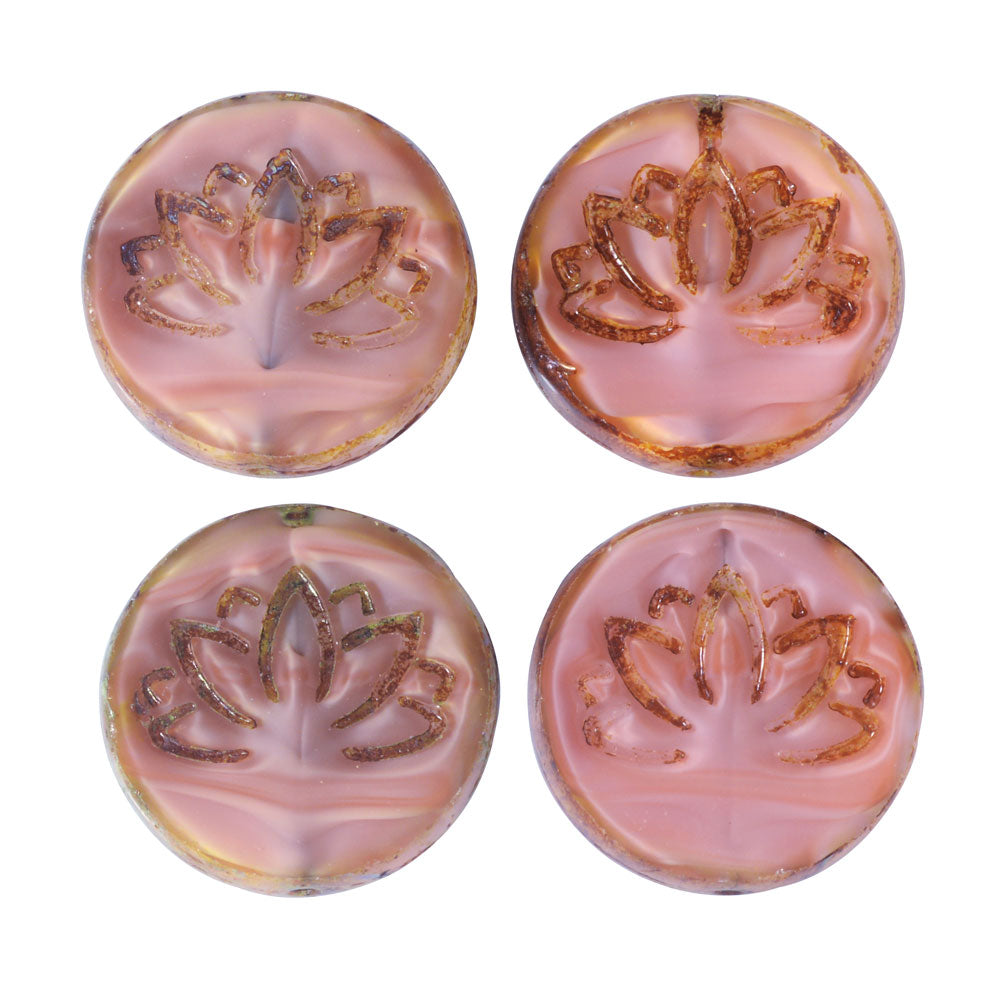 Czech Glass Beads, Lotus Flower Coin 18mm, Pink Silk, Picasso Finish, by Raven's Journey (4 Pieces)