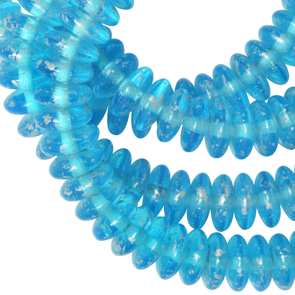 Czech Glass Beads, Spacer Disc 6mm, Aqua Blue Transparent, Speckled Silver Finish, by Raven's Journey (1 Strand)