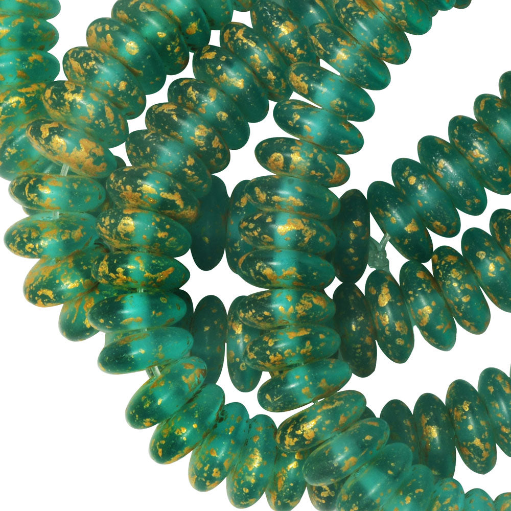 Czech Glass Beads, Spacer Disc 6mm, Teal Green Transparent Matte, Speckled Gold Finish, by Raven's Journey (1 Strand)