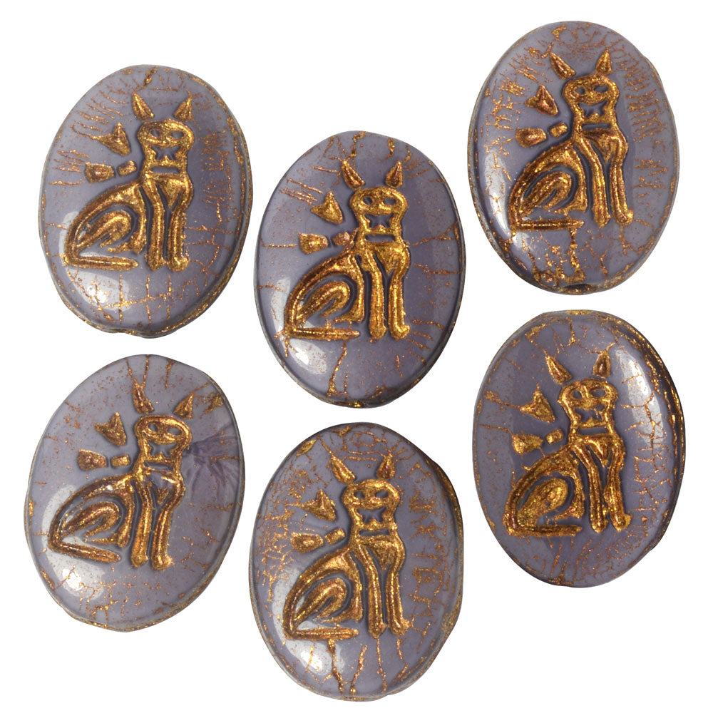 Czech Glass Beads, Egyptian Cat Oval Coin 15mm, Purple Silk, Dark Bronze Wash, by Raven's Journey (6 Pcs)