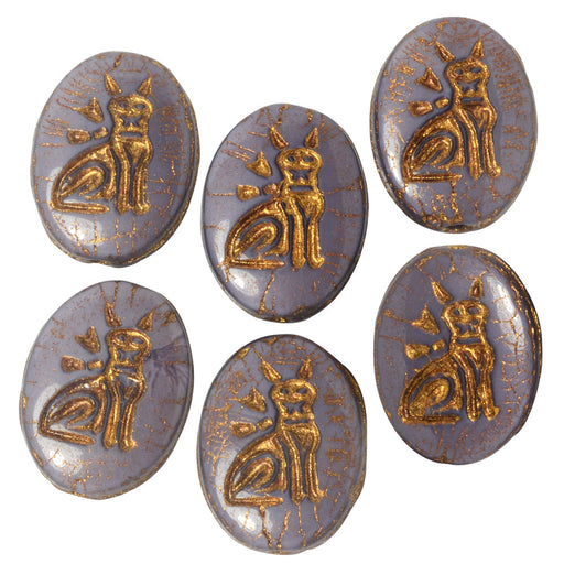 Czech Glass Beads, Egyptian Cat Oval Coin 15mm, Purple Silk, Dark Bronze Wash, by Raven's Journey (6 Pcs)