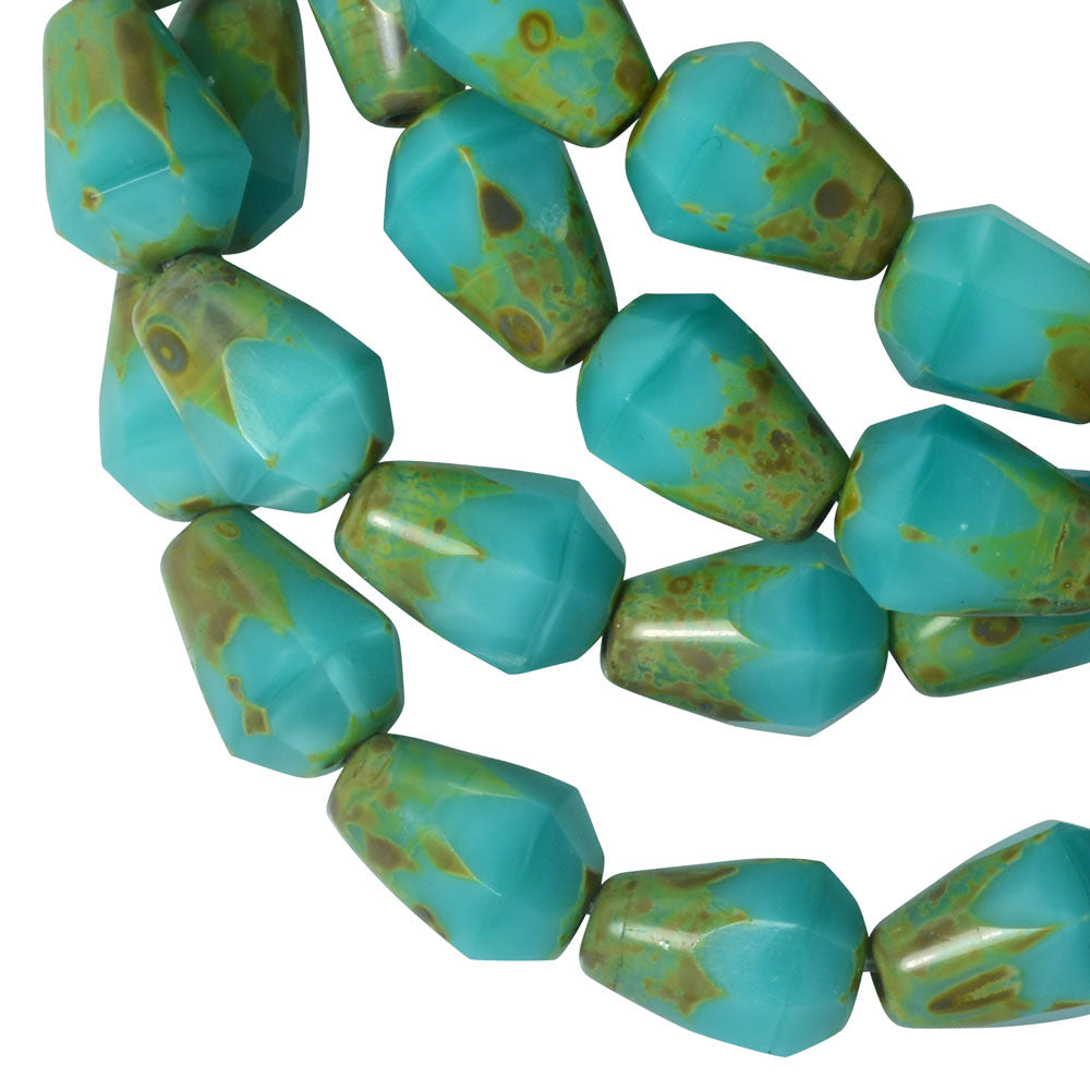 Czech Glass Beads, Faceted Bottom Cut Drop 8mm, Turquoise Silk, Picasso Finish, by Raven's Journey (1 Strand)