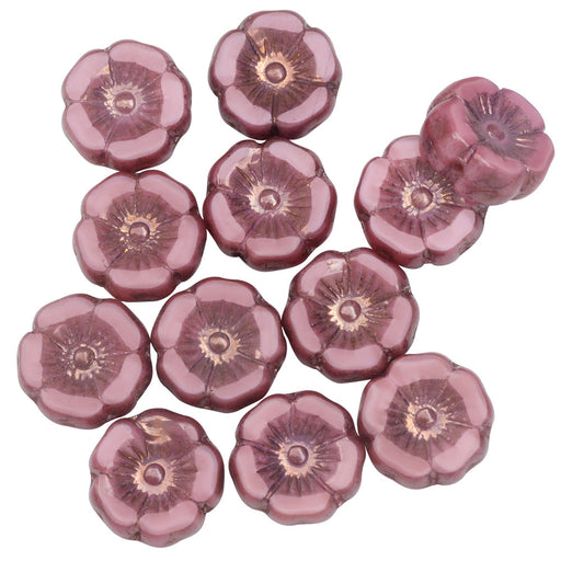Czech Glass Beads, Hibiscus Flower 11mm, Pink Silk, Purple Bronze Finish, by Raven's Journey (1 Strand)