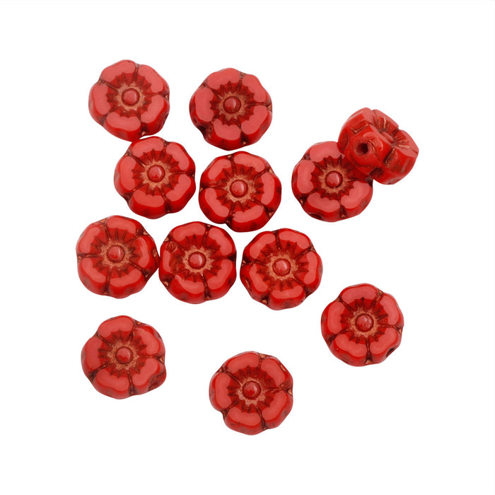 Czech Glass Beads, Hibiscus Flower 7mm, Coral Red Opaque, Dark Bronze Wash, by Raven's Journey (1 Strand)