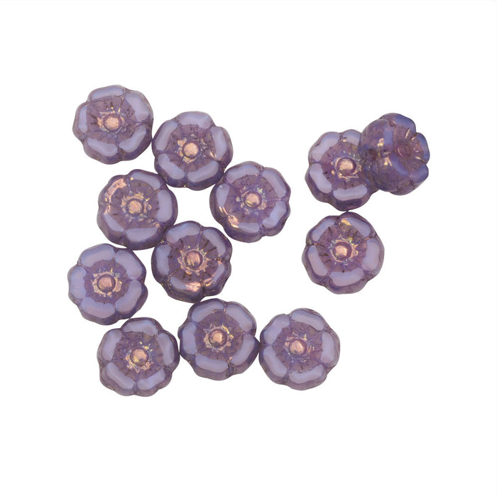 Czech Glass Beads, Hibiscus Flower 7mm, Lilac Purple Silk, Bronze Finish, by Raven's Journey (1 Strand)