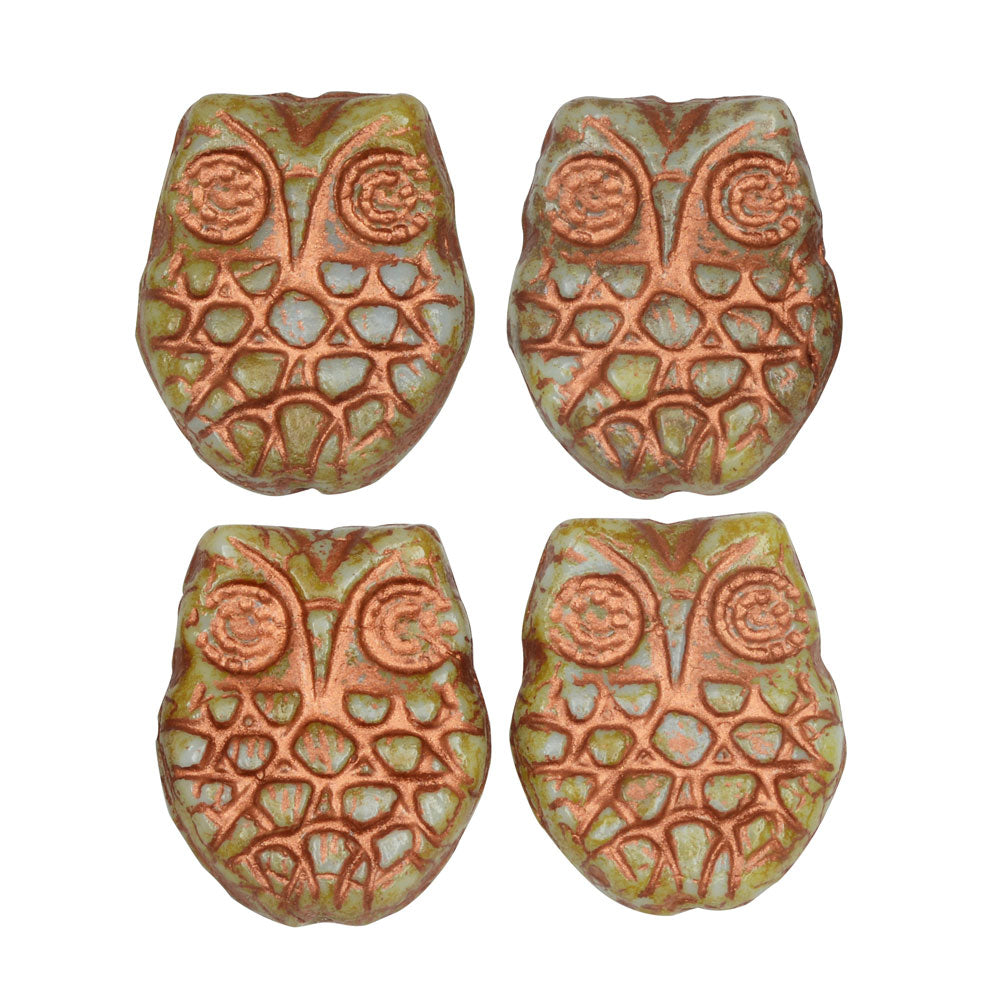 Czech Glass Beads, Horned Owl 18mm, Light Blue, Picasso Finish and Copper Wash, by Raven's Journey (1 Strand)