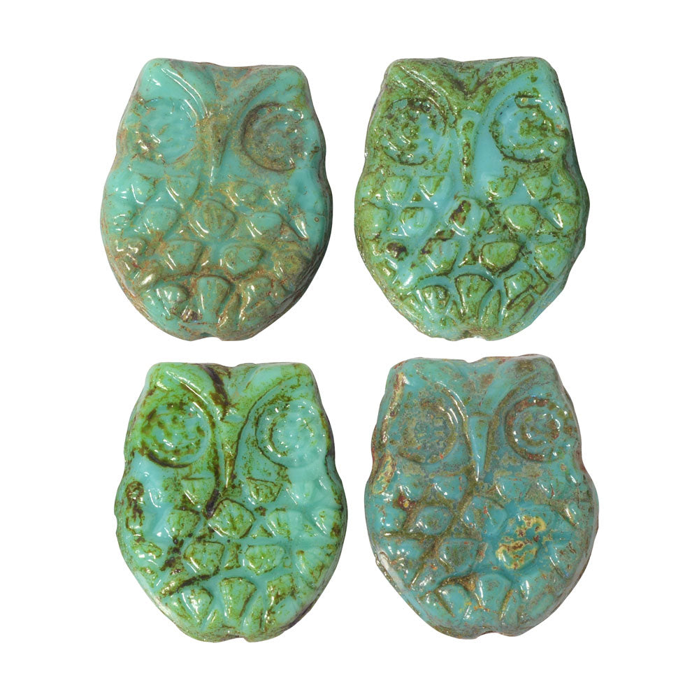 Czech Glass Beads, Horned Owl 18mm, Turquoise Opaque, Light Picasso Finish, by Raven's Journey (4 Pieces)