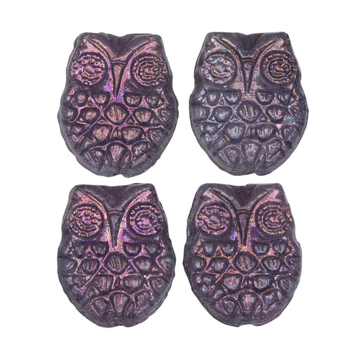 Czech Glass Beads, Horned Owl 18mm, Violet Purple Opaque, Iridescent Purple Luster, by Raven's Journey (4 Pieces)