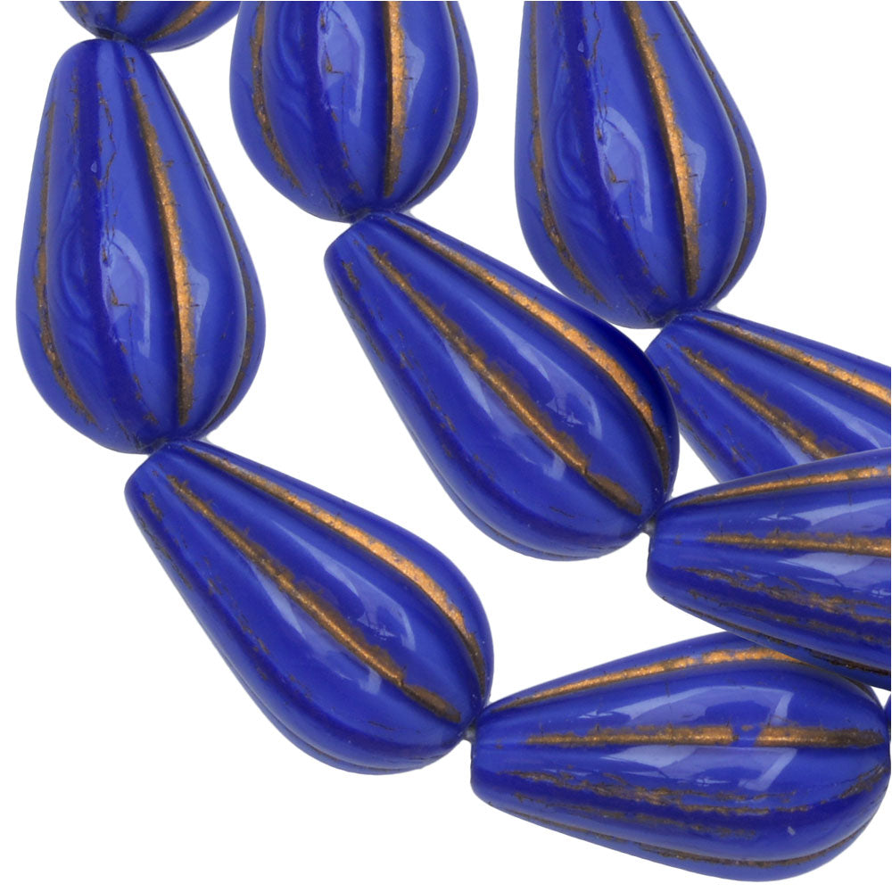 Czech Glass Beads, Melon Drop 13x8mm, Royal Blue Silk, Dark Bronze Wash, by Raven's Journey (1 Strand)