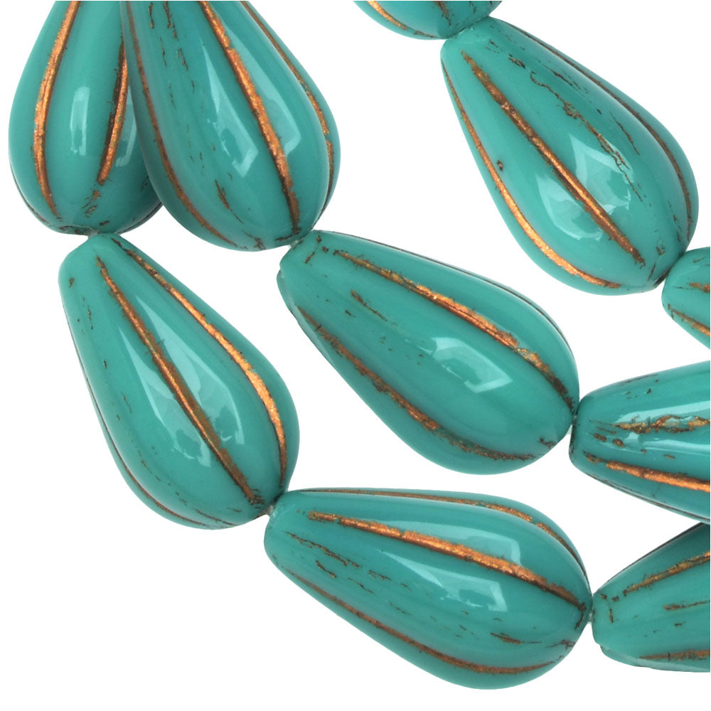 Czech Glass Beads, Melon Drop 13x8mm, Turquoise Opaque, Dark Bronze Wash, by Raven's Journey (1 Strand)