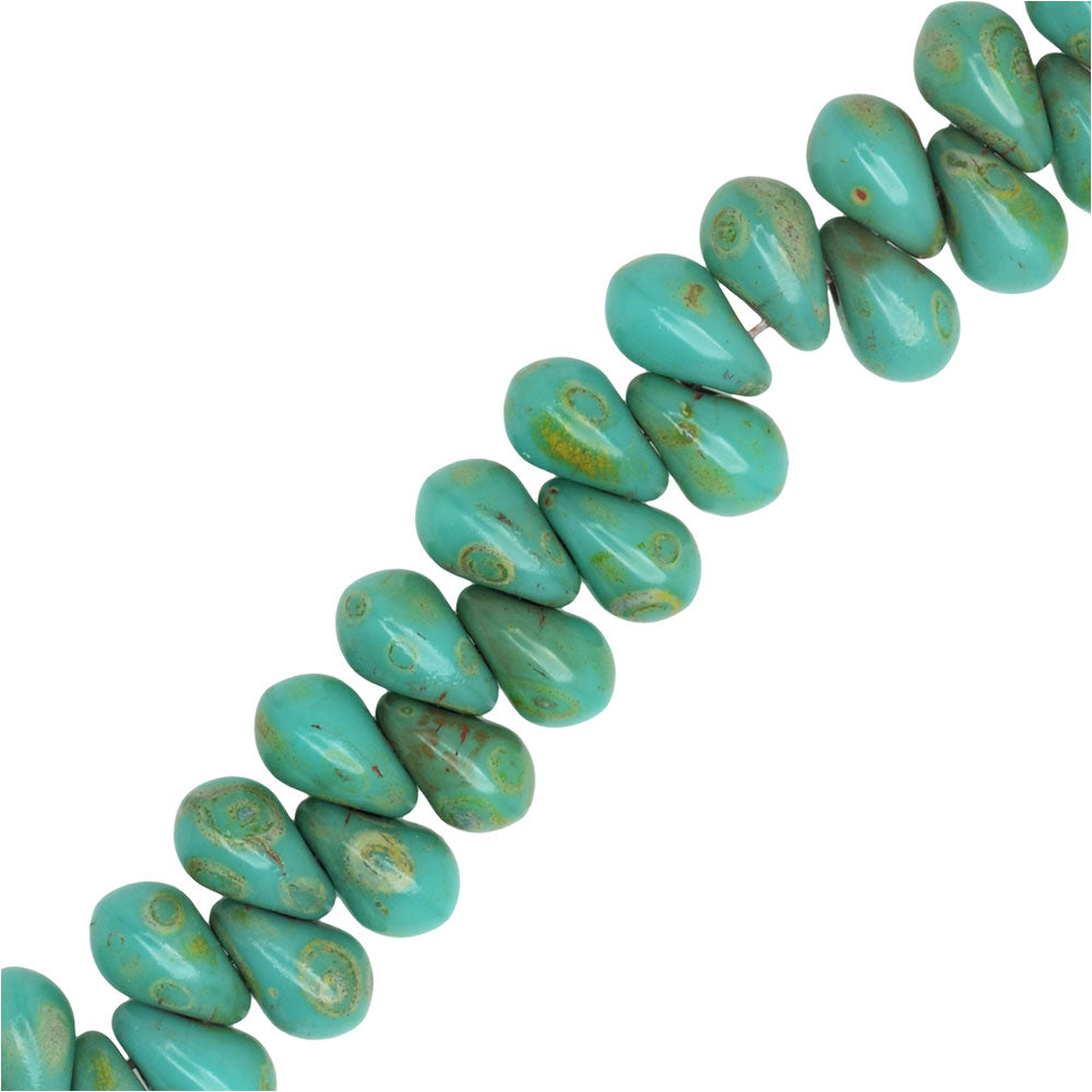 Czech Glass Beads, Pressed Drop 6x4mm, Turquoise Opaque, Picasso, by Raven's Journey (1 Strand)