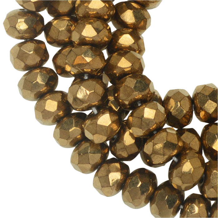 Czech Glass Beads, Faceted Rondelle 3x5mm, Bronze Opaque, Gold Finish, by Raven's Journey (1 Strand)