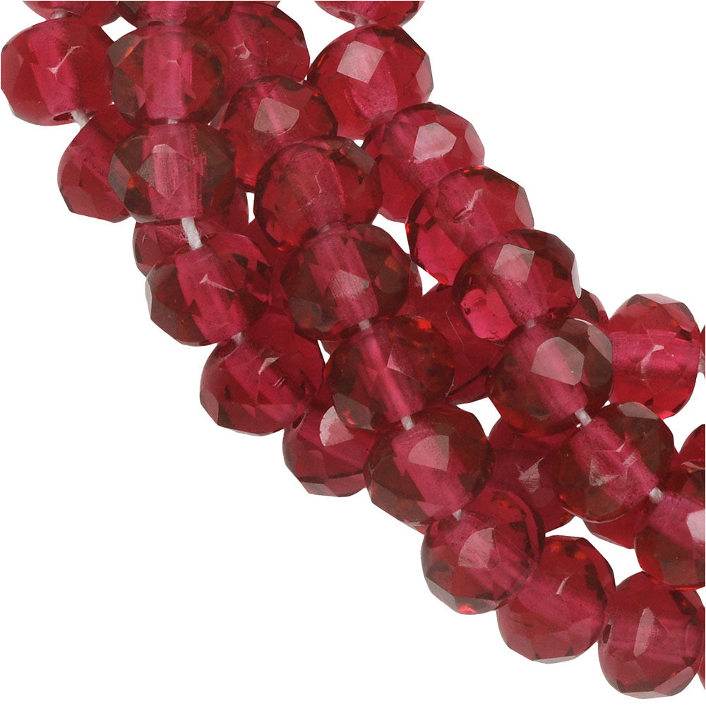 Czech Glass Beads, Faceted Rondelle 3x5mm, Cranberry Transparent, by Raven's Journey (1 Strand)