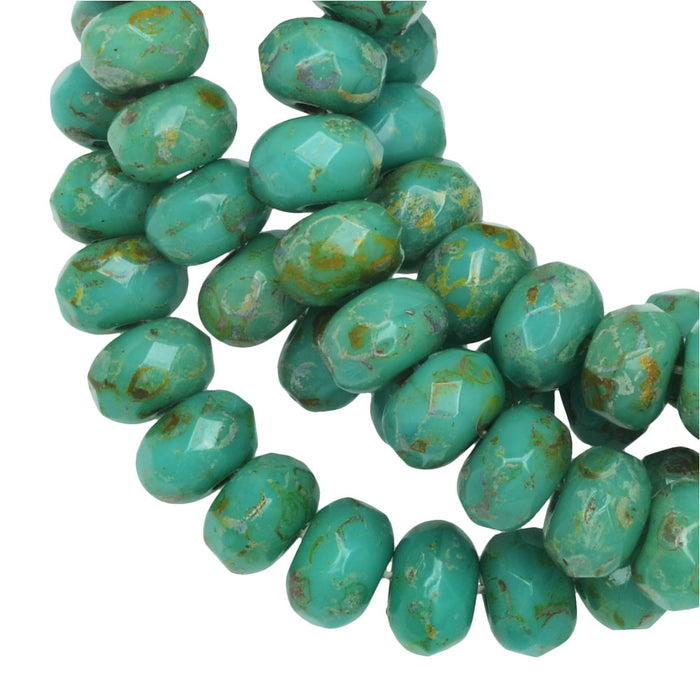 Czech Glass Beads, Faceted Rondelle 3x5mm, Turquoise Opaque, Picasso Fullcoat, by Raven's Journey (1 Strand)