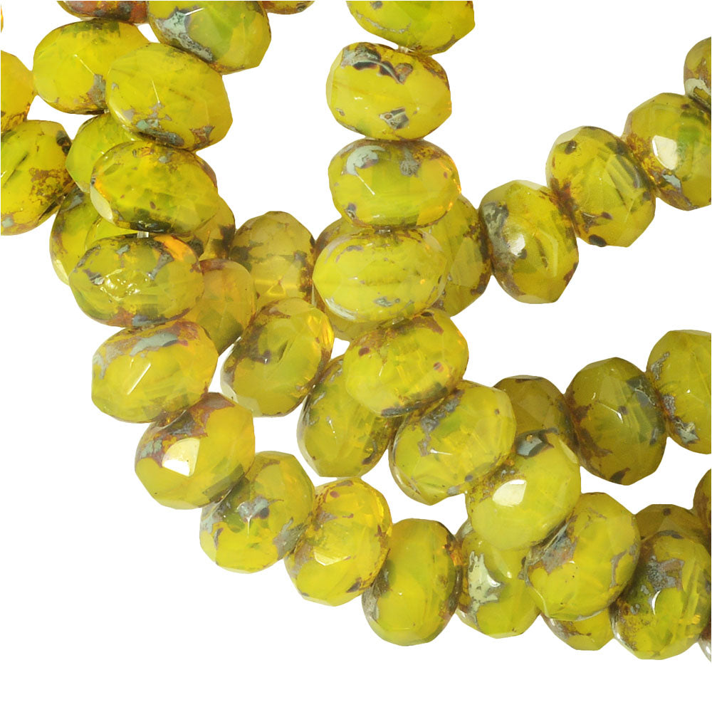 Czech Glass Beads, Faceted Rondelle 3x5mm, Yellow Opal, Picasso Finish, by Raven's Journey (1 Strand)