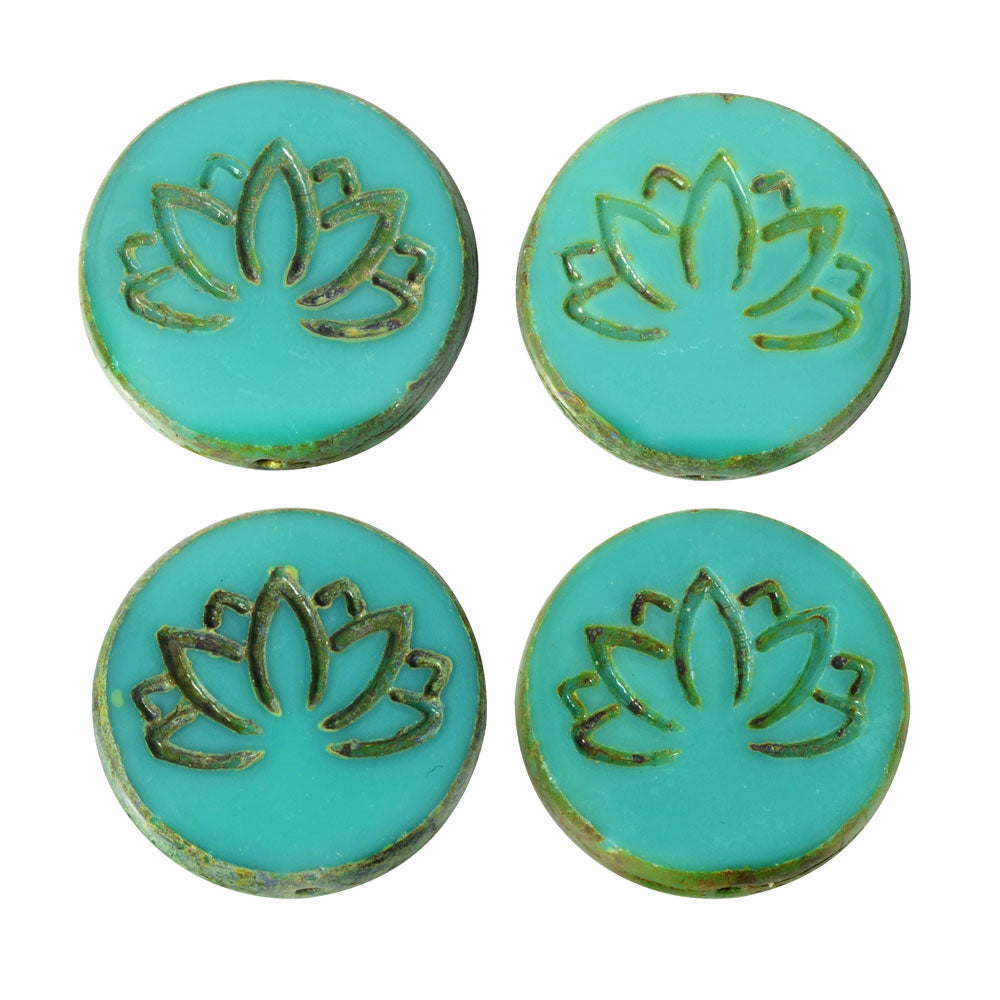 Czech Glass Beads, Lotus Flower Coin 18mm, Turquoise Opaque, Picasso Finish, by Raven's Journey (1 Strand)