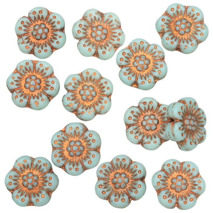 Czech Glass Beads, Wild Rose Flower 14mm, Light Blue Turquoise Opaque, Copper Wash, 1 Str, by Raven's Journey
