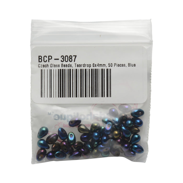 Czech Glass Beads, Teardrop 6x4mm, Blue Iris (50 Pieces)