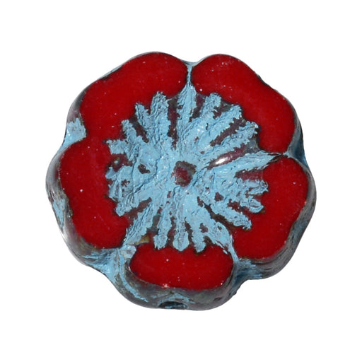 Czech Glass Beads, Hibiscus Flower 14mm, Opaque Red with Turquoise Wash / Picasso Finish (6 Pieces)
