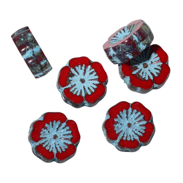 Czech Glass Beads, Hibiscus Flower 14mm, Opaque Red with Turquoise Wash / Picasso Finish (6 Pieces)