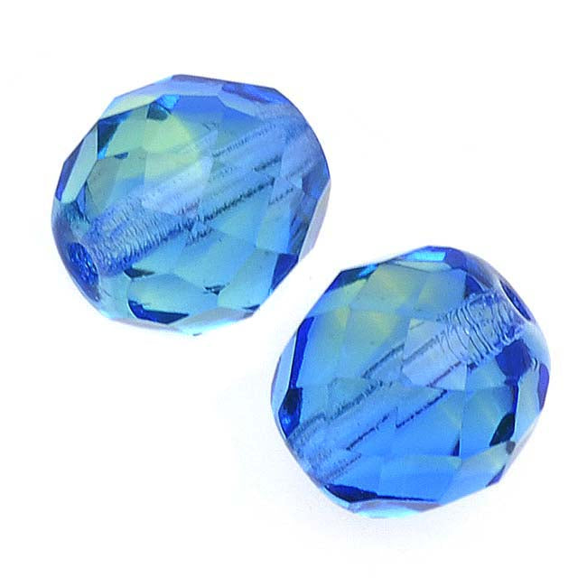 Czech Fire Polished Glass Beads 10mm Round Two Tone Sapphire Blue/Green (1 Strand)