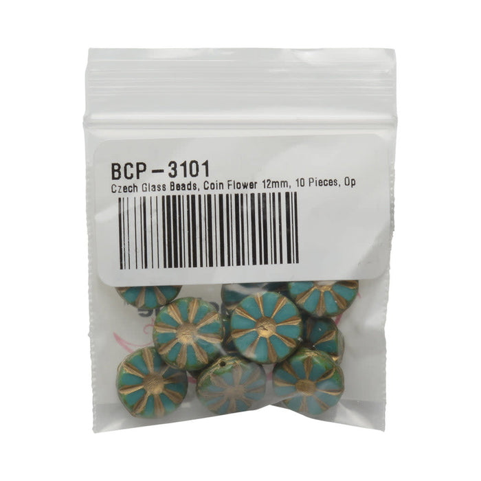 Czech Glass Beads, Coin Flower 12mm, Opaque Turquoise with Gold Wash / Picasso Finish (10 Pieces)