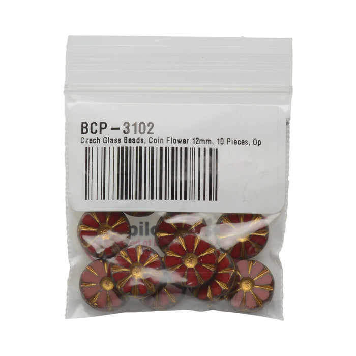 Czech Glass Beads, Coin Flower 12mm, Opaque Red with Gold Wash / Picasso Finish (10 Pieces)