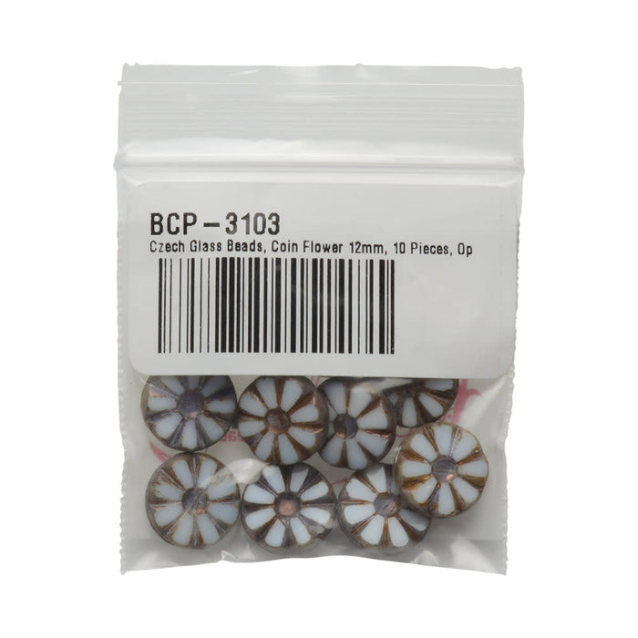 Czech Glass Beads, Coin Flower 12mm, Opaque White with Dark Bronze Wash / Picasso Finish (10 Pieces)