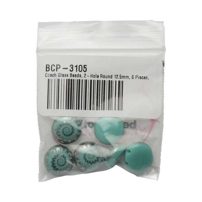 Czech Glass Beads, 2-Hole Coin 12.5mm with Laser Etched Design, Opaque Turquoise with Metallic Silver (6 Pieces)