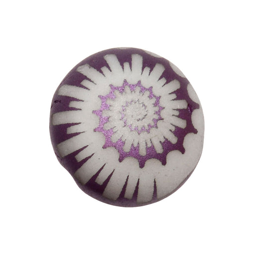 Czech Glass Beads, 2-Hole Coin 12.5mm with Laser Etched Design, Opal White with Satin Purple (6 Pieces)