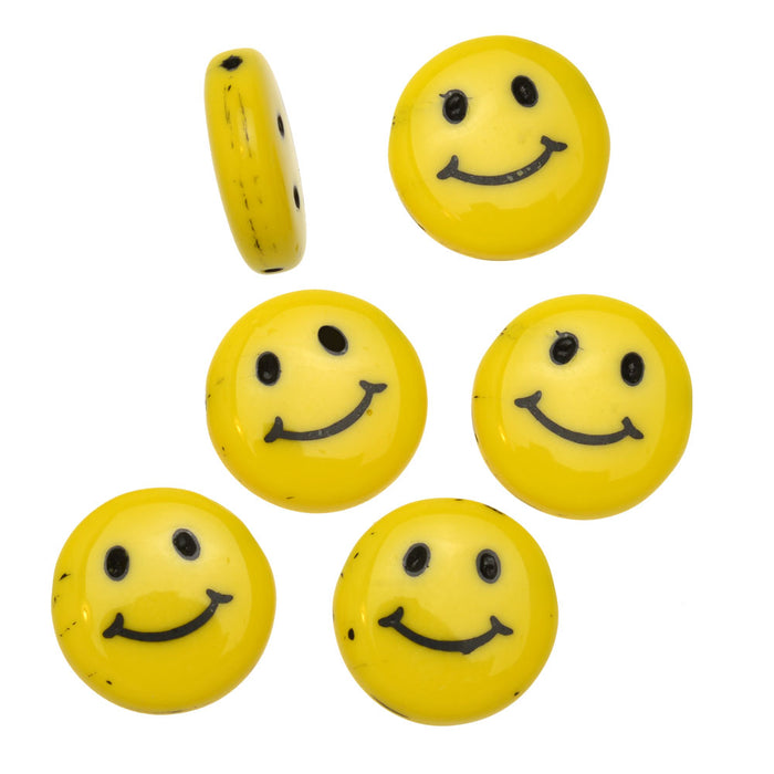 Czech Glass Beads, Coin Smiley Face 14mm, Yellow and Black (6 Pieces)