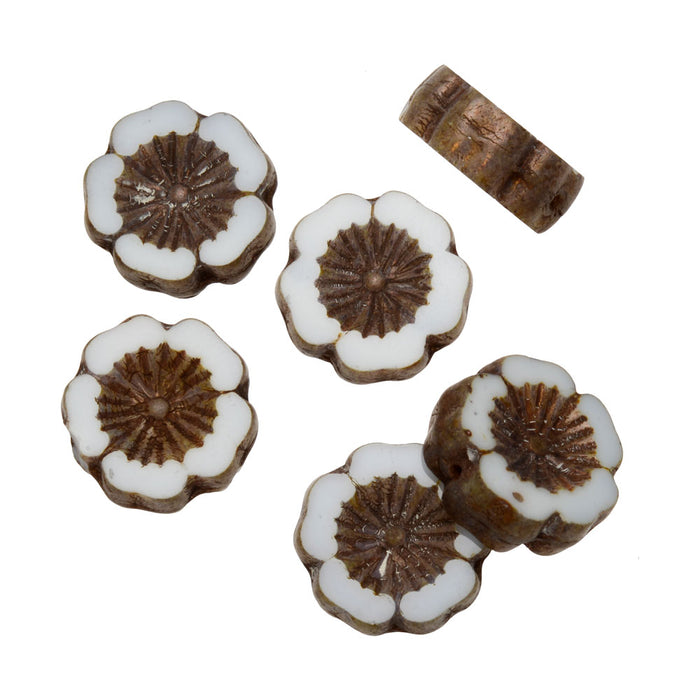 Czech Glass Beads, Hibiscus Flower 14mm, Opaque White with Bronze Wash / Picasso Finish (6 Pieces)
