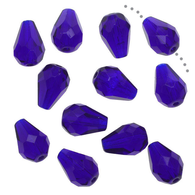 Czech Fire Polished Glass, Faceted Tear Drop Beads 10x7mm, Cobalt Blue (12 Pieces)