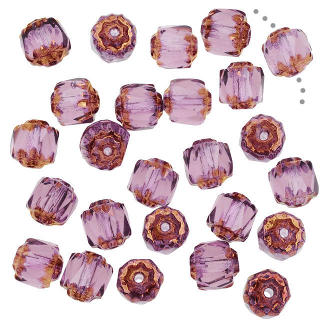 Czech Glass, Cathedral Beads 6mm, Amethyst with Antiqued Bronze Ends (25 Pieces)