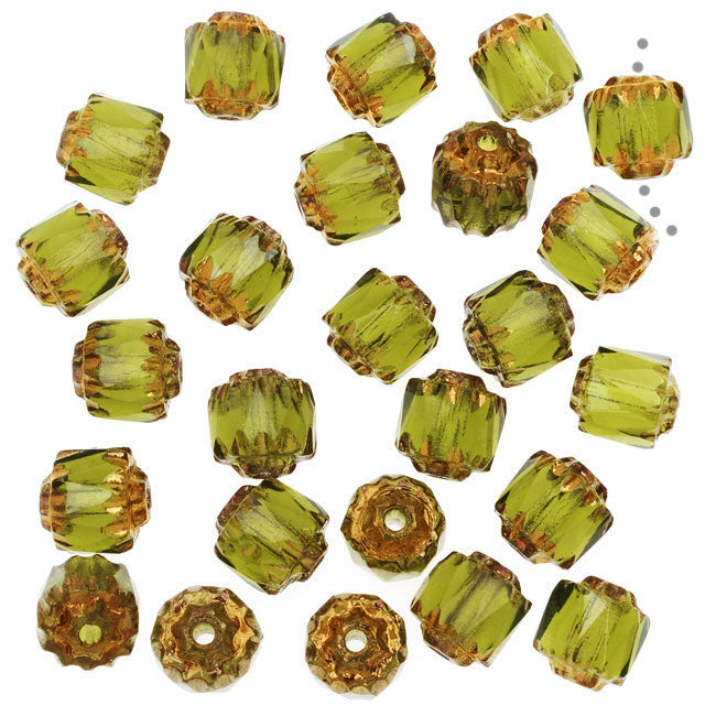 Czech Glass, Cathedral Beads 6mm, Olivine with Antiqued Bronze Ends (25 Pieces)