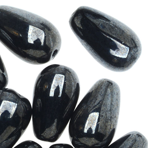 Czech Glass, Smooth Tear Drop Beads 10x6mm, Hematite (20 Pieces)