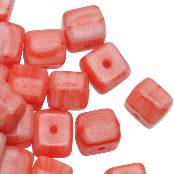 Czech Glass Beads, Cube 6mm, Coral Swirl (1 Ounce)