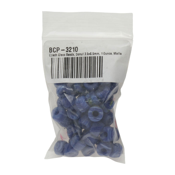 Czech Glass Beads, Donut 6.5mm, Matte Blue Swirl (1 Ounce)
