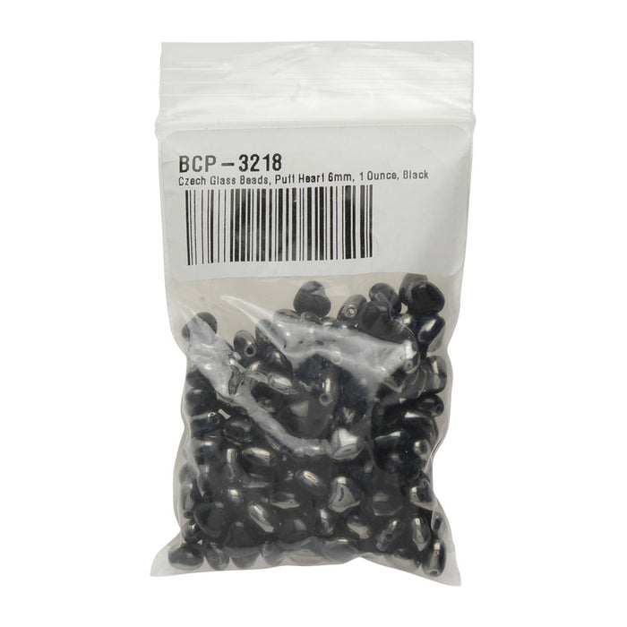 Czech Glass Beads, Puff Heart 6mm, Black / Hematite (1 Ounce)