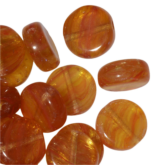 Czech Glass Beads, Coin 8mm, Orange Swirl (1 Ounce)