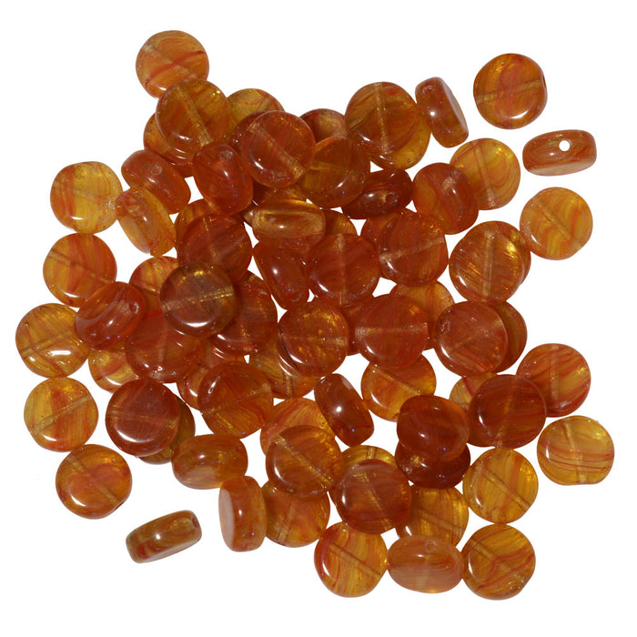 Czech Glass Beads, Coin 8mm, Orange Swirl (1 Ounce)