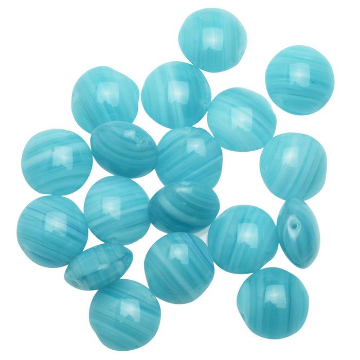 Czech Glass Beads, Puff Coin 13.5mm, Blue Swirl (1 Ounce)