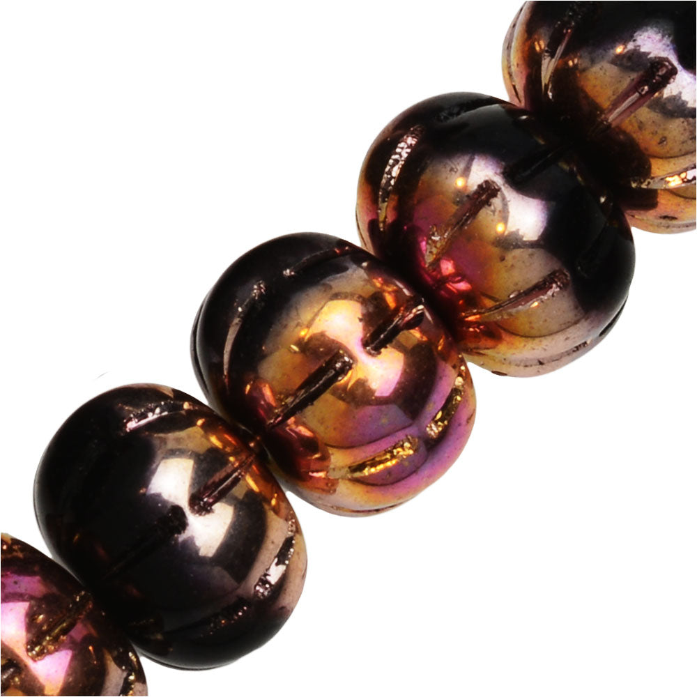 Czech Glass Beads, Puff Pumpkin 7.5x10mm, Jet Vitrail (1 Ounce)