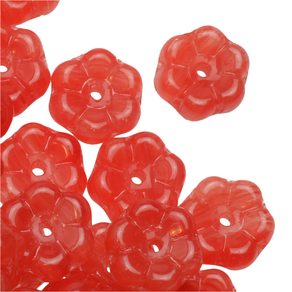 Czech Glass Beads, Puff Flower 9.5mm, Cherry Red Swirl (1 Ounce)