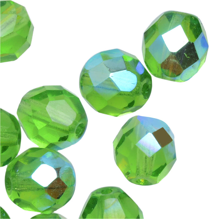 Czech Glass Beads, Fire Polished Round 8mm, Lime Green AB (1 Ounce)