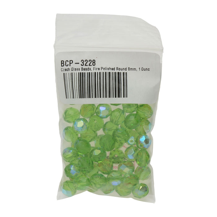 Czech Glass Beads, Fire Polished Round 8mm, Lime Green AB (1 Ounce)