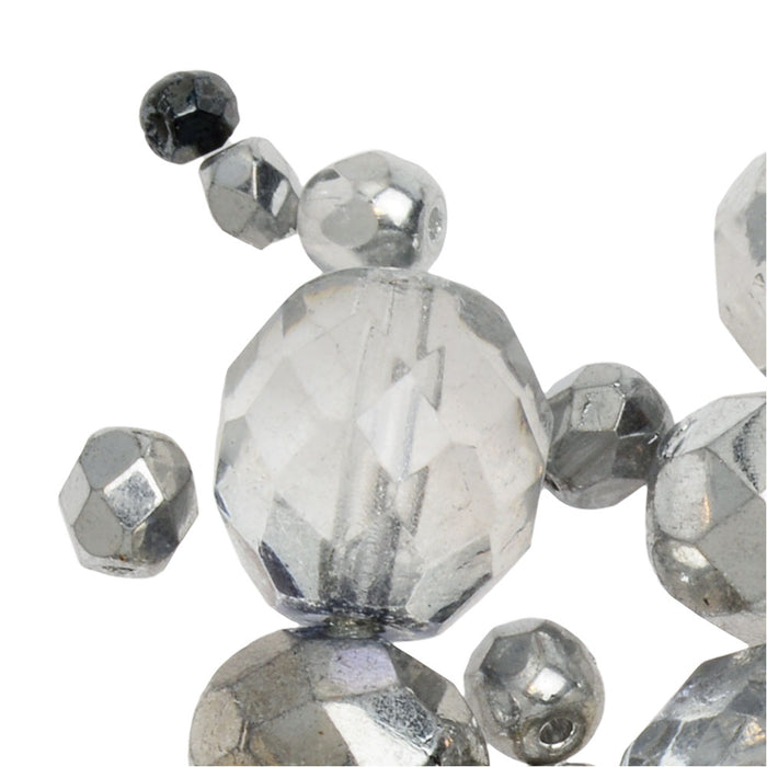 Czech Glass Beads, Fire Polished Round Assorted Sizes, Clear/Black/Silver (1 Ounce)