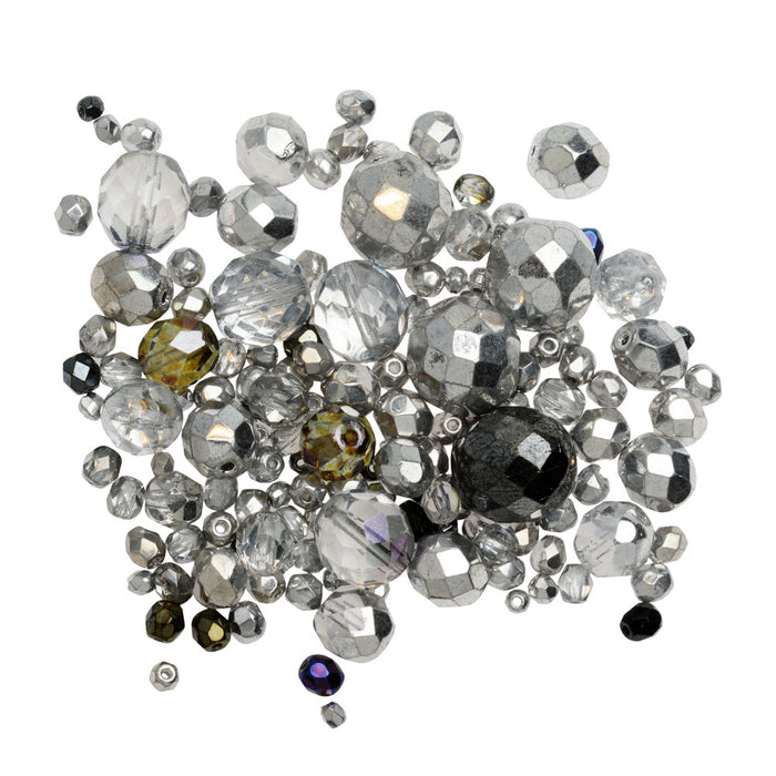 Czech Glass Beads, Fire Polished Round Assorted Sizes, Clear/Black/Silver (1 Ounce)