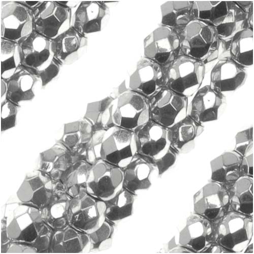 Czech Fire Polished Glass Beads 3mm Round Metallic Silver Full-Coat (50 pcs)