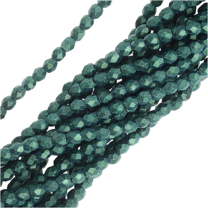 Czech Fire Polished Glass, 3mm Faceted Round Beads, Metallic Light Green Suede (50 Piece Strand)
